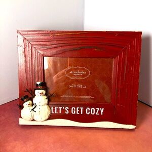 Red Frame With Snowman Couple “Let’s Get Cozy”Holds a 4” by 6” picture